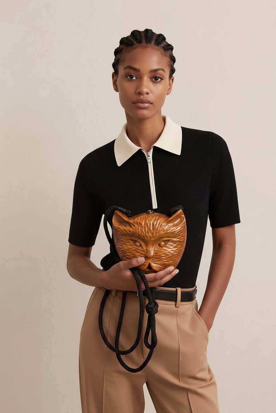Timmy Woods Beverly Hills Collection Carved Acacia Wood Cat Handbag